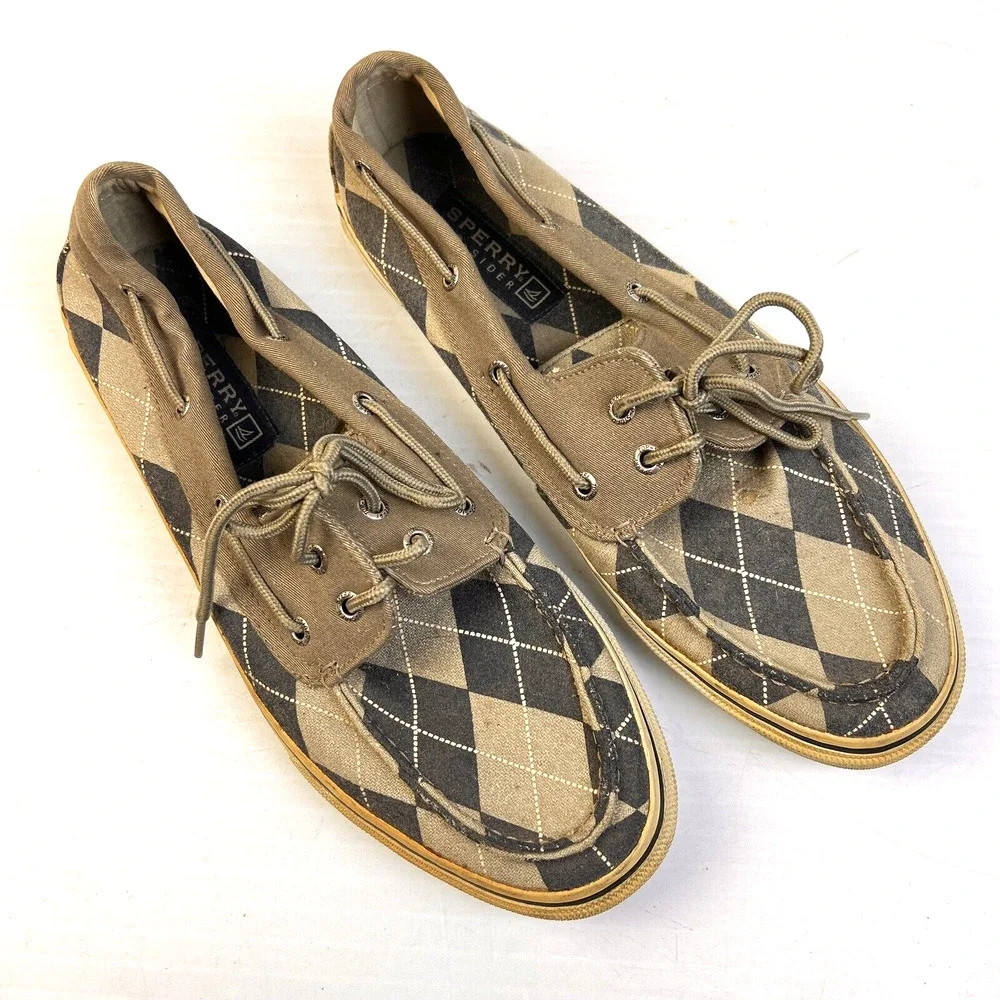 Sperry Topsides Boat Shoes Men's 11.5 M Gray Argyle Preppy Canvas Summer Beach